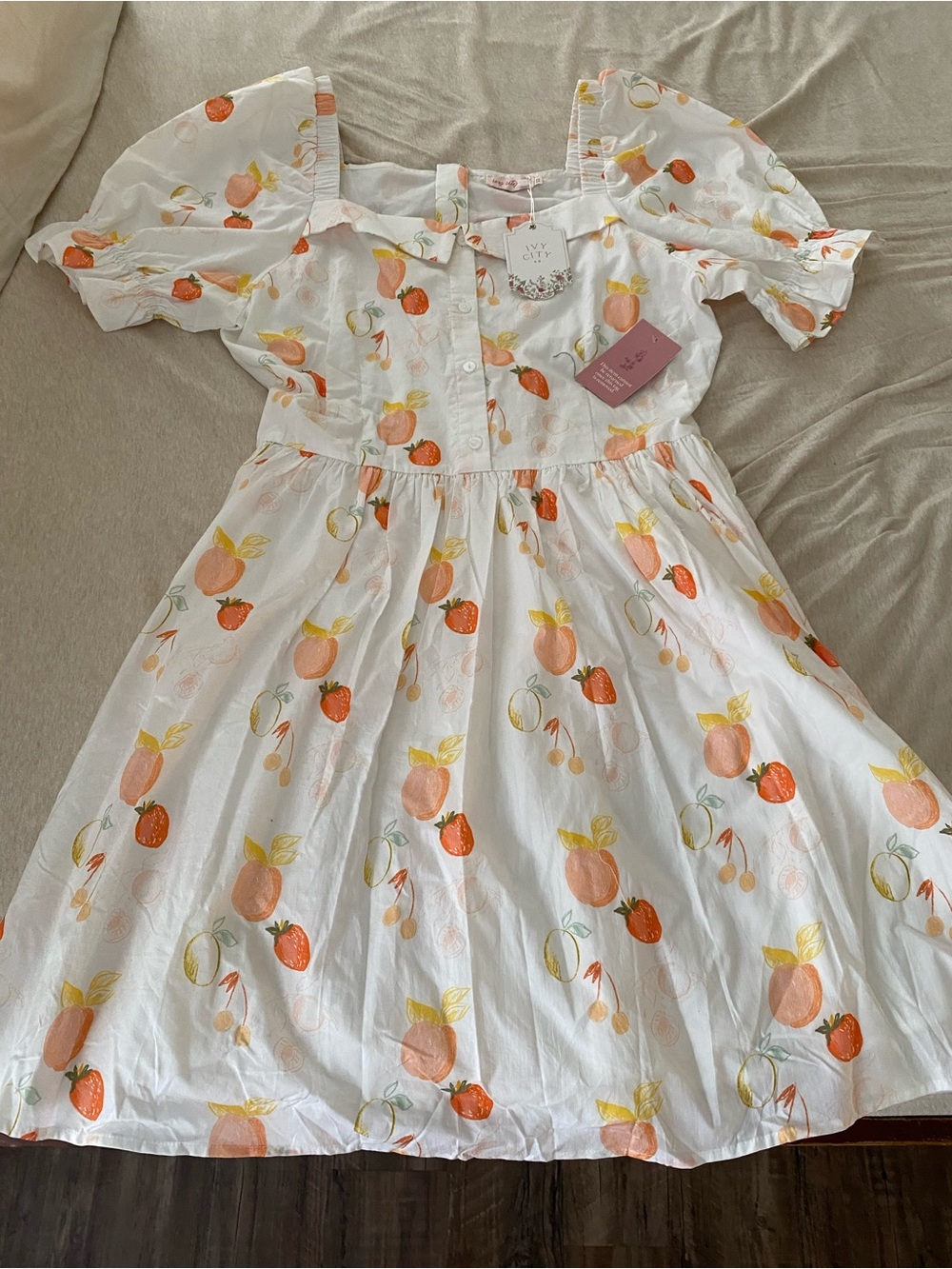 Ivy City Co White Mini Dress with Orange & Peach Fruit Print